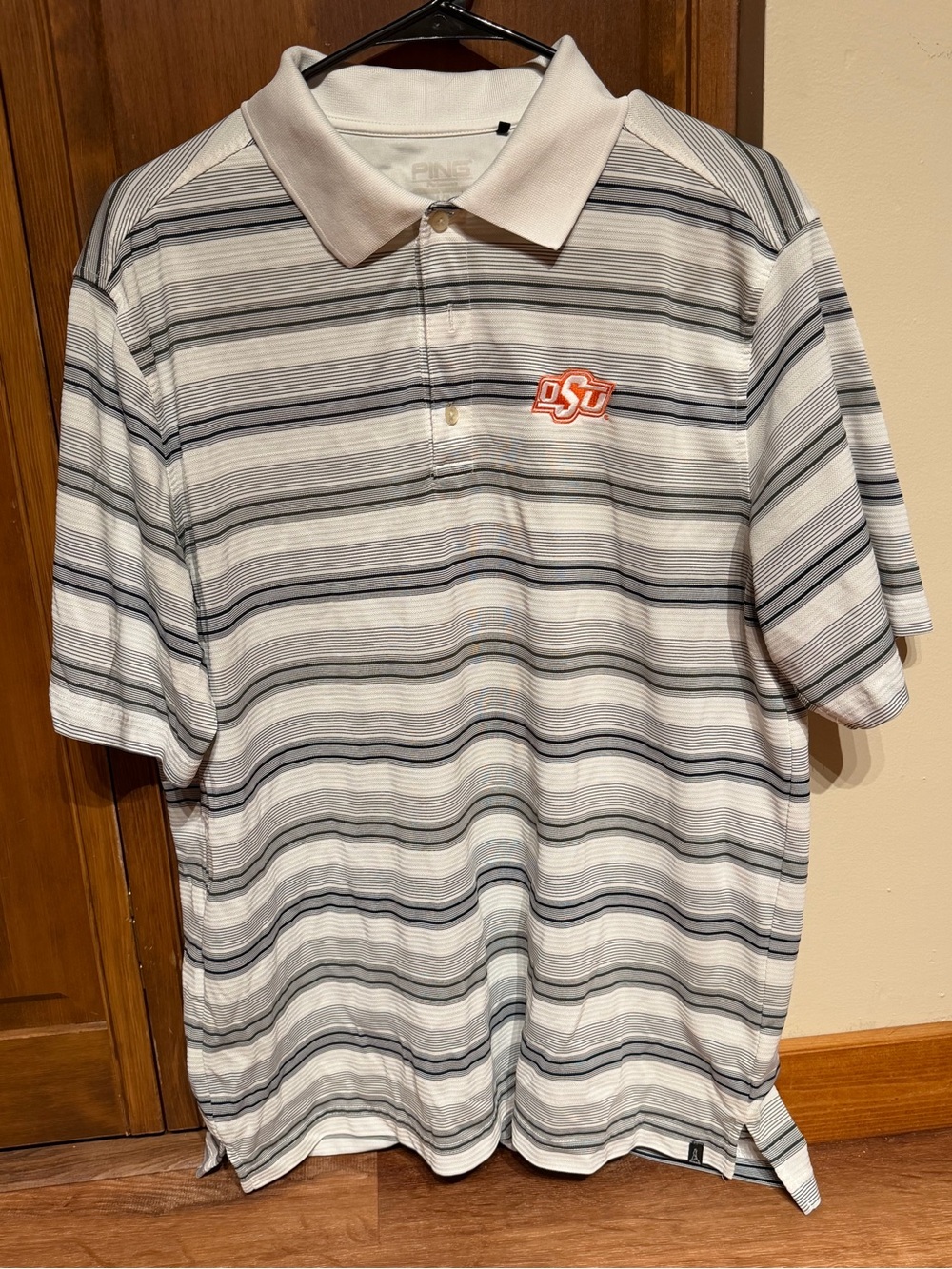 Ping Men's Striped Polo Shirt - Cream, Gray, Black with Oklahoma State Logo - LG